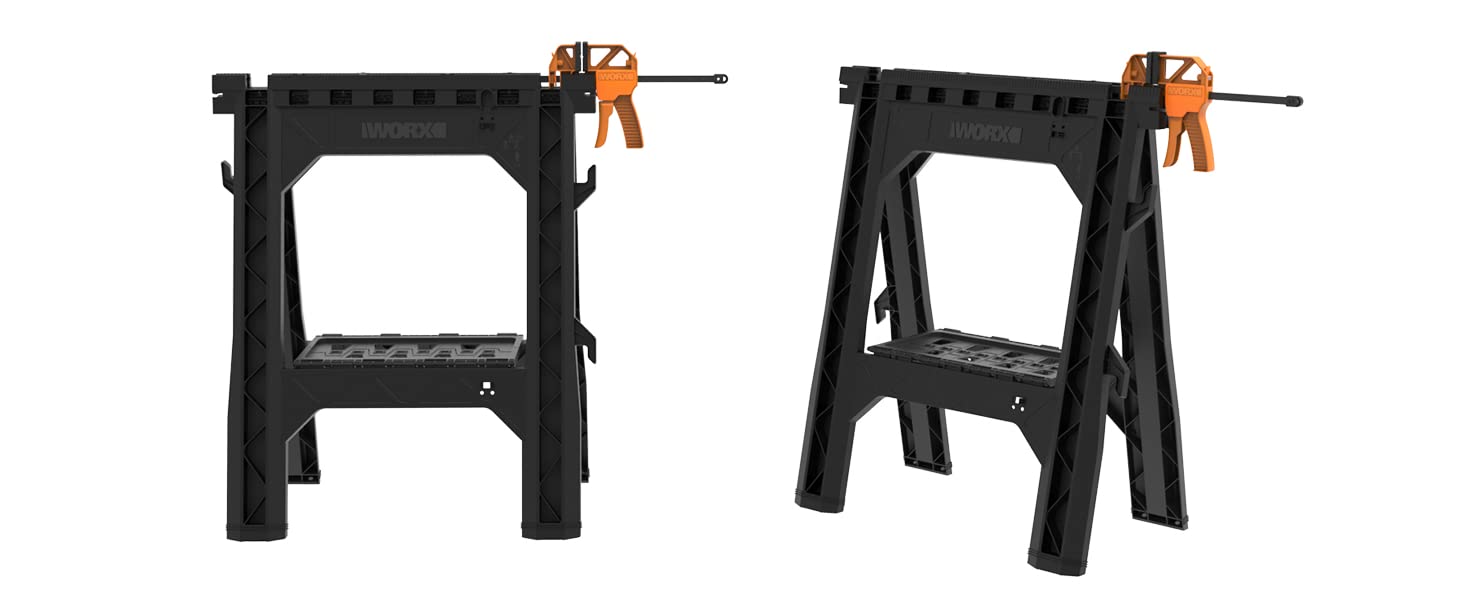 WORX Clamping Sawhorse Pair with Bar Clamps, Built-in Shelf and Cord Hooks – WX065