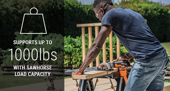 As a worktable, Pegasus can support up to 300 lbs, but folded into a sawhorse, hold up to 1000 lbs