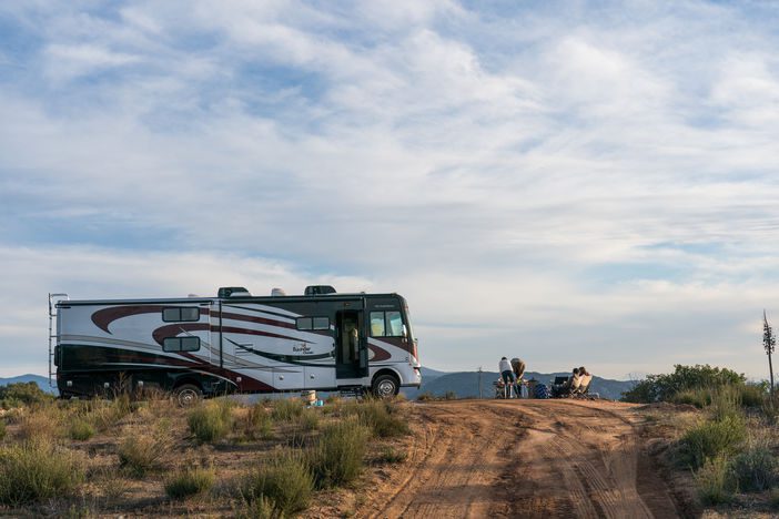 Large motorhome camping off the grid