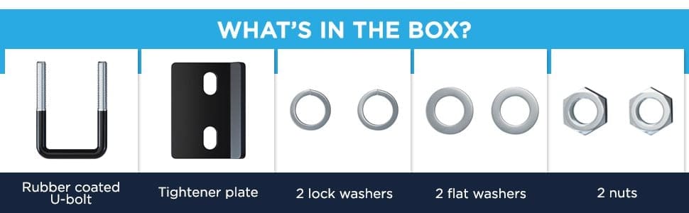 all parts included, rubber coated u-bolt and hitch tightener plate, washers and nuts