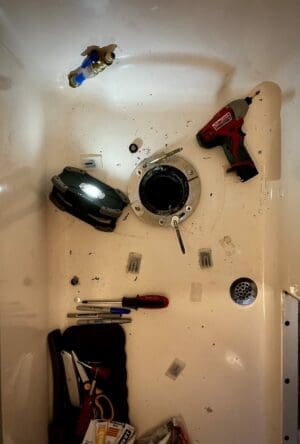 Photo showing Toilet Bolts being used to repair a Thetford toilet in a GMC Motorhome Bathroom