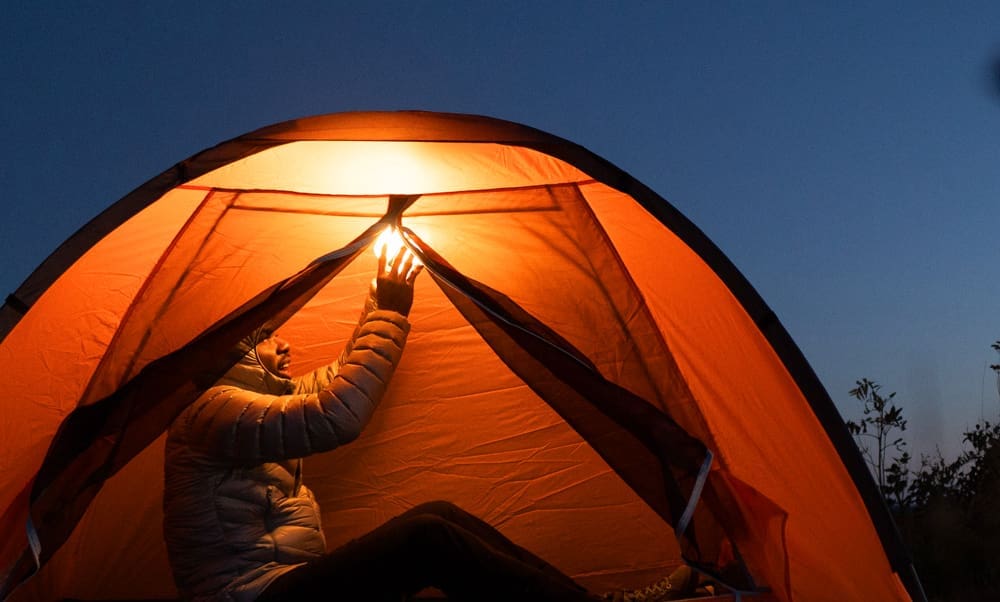 BioLite AlpenGlow 250 Lantern hanging in a tent