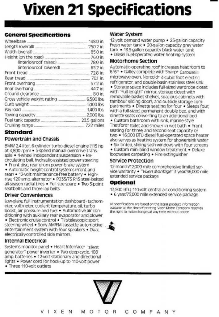 Vixen RV specifications