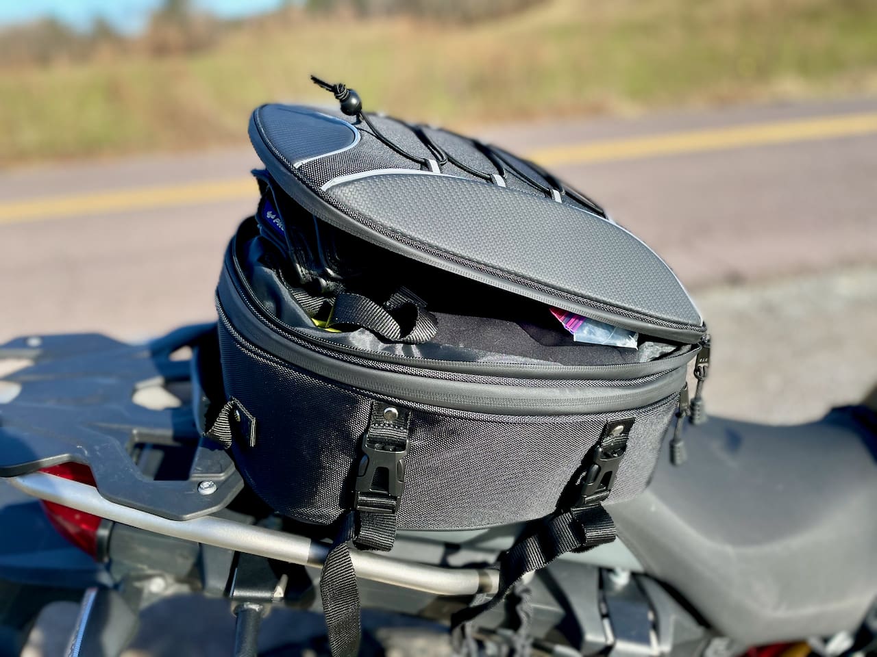KemiMoto Expandable Motorcycle Tail Bag Unzipped