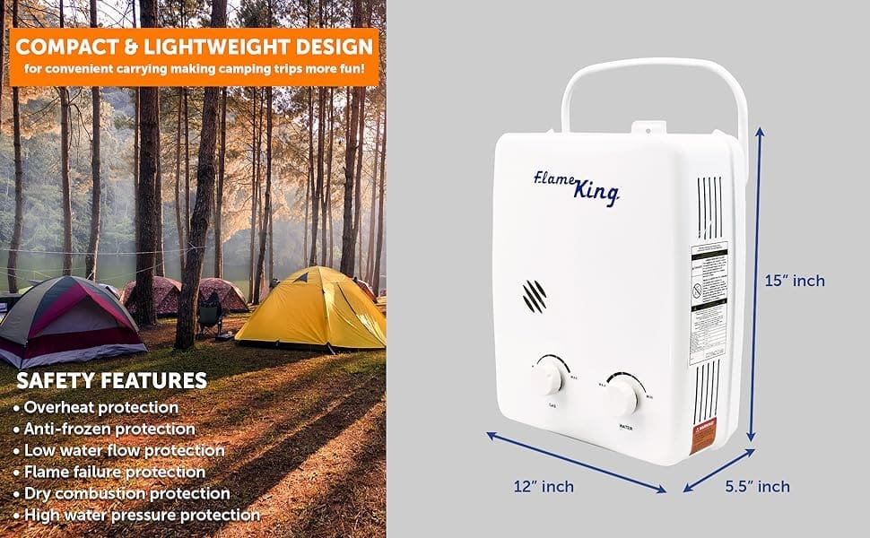 Flame King Tankless Outdoor Portable Hot Shower Propane 5L 1.32GPM Water Heater 34,000 BTU